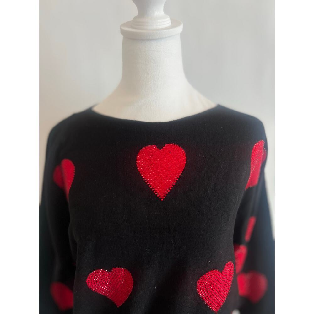 LIV MILANO BLING HEART DOLMAN SWEATER BLACK WITH RED HEARTS SIZE SMALL - Picture 3 of 11